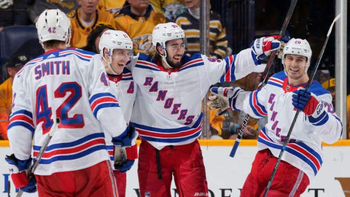 NASHVILLE, TN - DECEMBER 29: Jesper Fast #17 and Mika Zibanejad #93 of the New York Rangers celebrate a goal against the Nashville Predators at Bridgestone Arena on December 29, 2018 in Nashville, Tennessee. (Photo by John Russell/NHLI via Getty Images)