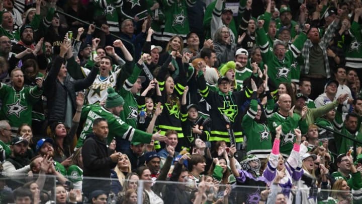 Nov 20, 2023; Dallas, Texas, USA; The Dallas Stars fans celebrate during the third period of the game between the Dallas Stars and the New York Rangers at the American Airlines Center. Mandatory Credit: Jerome Miron-USA TODAY Sports