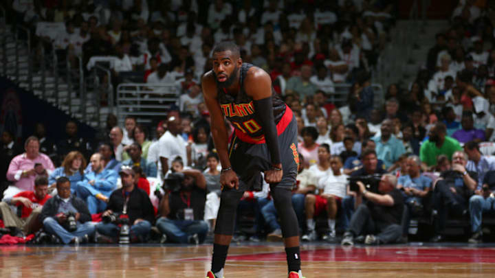 WASHINGTON, DC -  APRIL 16: Tim Hardaway Jr. #10 of the Atlanta Hawks stands on the court during the Eastern Conference Quaterfinals game against the Washington Wizards during the 2017 NBA Playoffs on April 16, 2017 at Verizon Center in Washington, DC. Copyright 2017 NBAE (Photo by Ned Dishman/NBAE via Getty Images)