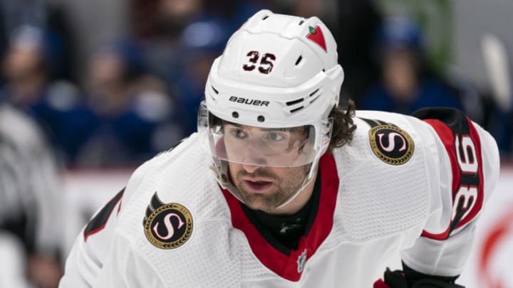 VANCOUVER, BC - JANUARY 27: Colin White #36 of the Ottawa Senators during NHL hockey action against the Vancouver Canucks at Rogers Arena on January 27, 2021 in Vancouver, Canada. (Photo by Rich Lam/Getty Images)