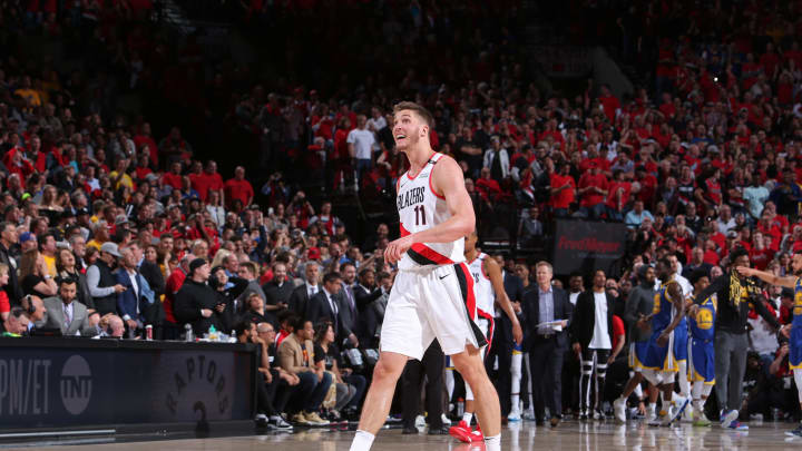 PORTLAND, OR – MAY 20: Meyers Leonard #11 of the Portland Trail Blazers looks on during Game Four of the Western Conference Finals on May 20, 2019 at the Moda Center in Portland, Oregon. NOTE TO USER: User expressly acknowledges and agrees that, by downloading and/or using this photograph, user is consenting to the terms and conditions of the Getty Images License Agreement. Mandatory Copyright Notice: Copyright 2019 NBAE (Photo by Sam Forencich/NBAE via Getty Images)