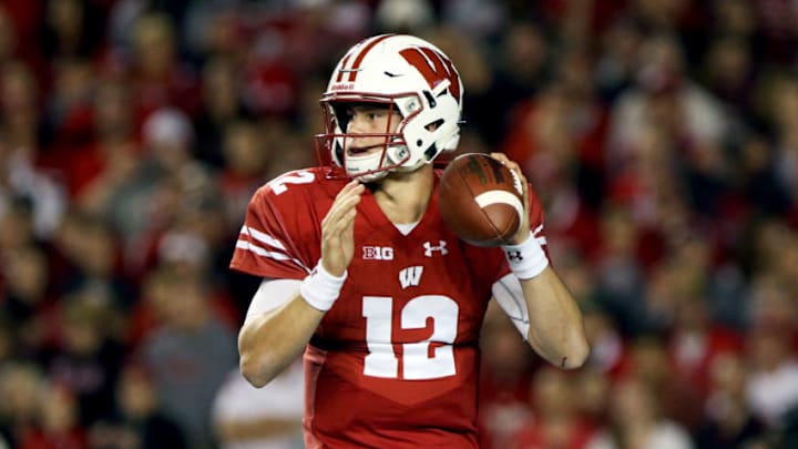 MADISON, WI - SEPTEMBER 01: Alex Hornibrook #12 of the Wisconsin Badgers drops back to pass in the second quarter against the Utah State Aggies at Camp Randall Stadium on September 1, 2017 in Madison, Wisconsin. (Photo by Dylan Buell/Getty Images)