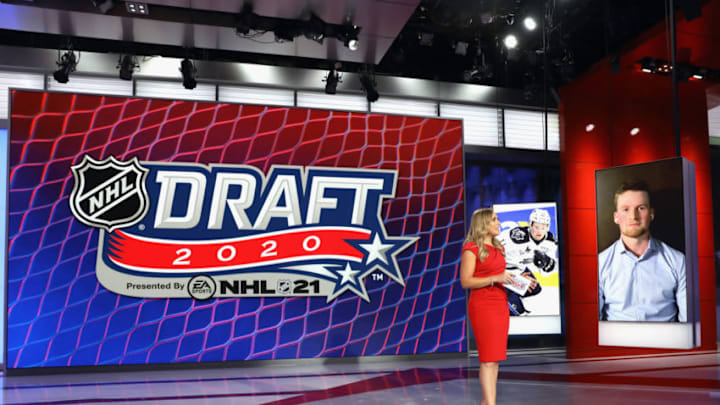 SECAUCUS, NEW JERSEY - OCTOBER 06: Jamie Hersch of the NHL Network interviews Alexis Lafreniere prior to the first round of the 2020 National Hockey League Draft at the NHL Network Studio on October 06, 2020 in Secaucus, New Jersey. (Photo by Mike Stobe/Getty Images)