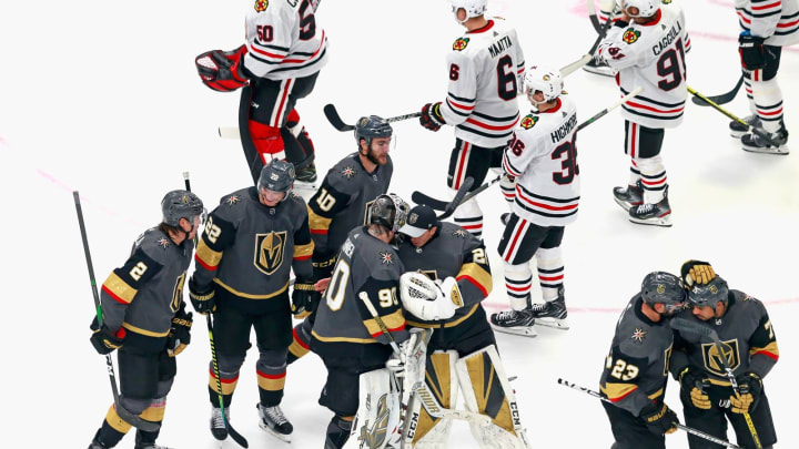 The Vegas Golden Knights celebrate their 4-3 overtime victory over the Chicago Blackhawks in Game Two of the Western Conference First Round during the 2020 NHL Stanley Cup Playoffs.