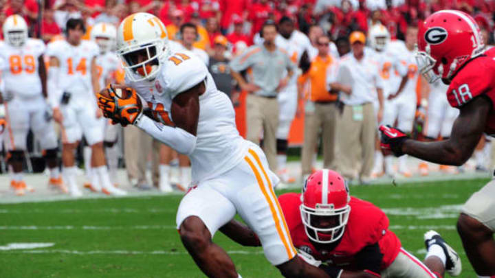 ATHENS, GA – SEPTEMBER 29: Justin Hunter #11 of the Tennessee Volunteers runs with a catch against Branden Smith #1 of the Georgia Bulldogs at Sanford Stadium on September 29, 2012, in Athens, Georgia. (Photo by Scott Cunningham/Getty Images)