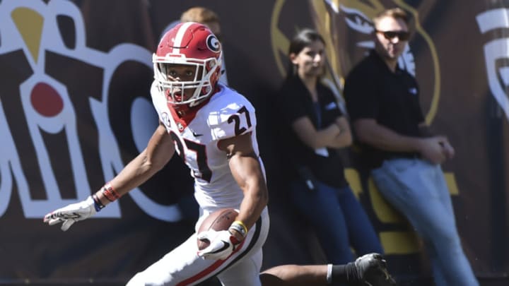 COLUMBIA, MO - SEPTEMBER 22: Eric Stokes #27 of the Georgia Bulldogs runs into the end zone to score on a blocked punt against the Missouri Tigers in the second quarter at Memorial Stadium on September 22, 2018 in Columbia, Missouri. (Photo by Ed Zurga/Getty Images)