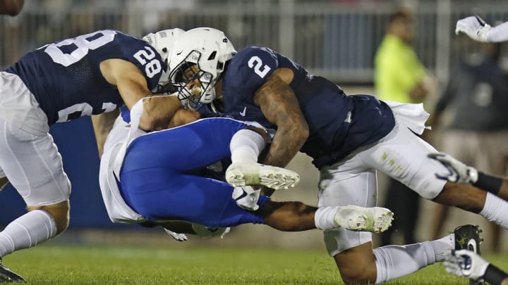 STATE COLLEGE, PA – SEPTEMBER 16: Marcus Allen #2 and Troy Apke #28 of the Penn State Nittany Lions record a tackle against the Georgia State Panthers at Beaver Stadium on September 16, 2017 in State College, Pennsylvania. (Photo by Justin K. Aller/Getty Images)