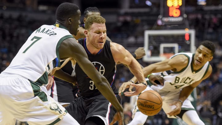 Mar 3, 2017; Milwaukee, WI, USA; LA Clippers forward Blake Griffin (32) loses the ball while under pressure from Milwaukee Bucks forward Thon Maker (7) and forward Giannis Antetokounmpo (34) in the second quarter at BMO Harris Bradley Center. Mandatory Credit: Benny Sieu-USA TODAY Sports