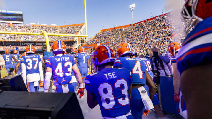 GAINESVILLE, FLORIDA - NOVEMBER 27: The Florida Gators take the field before the start of a game against the Florida State Seminoles at Ben Hill Griffin Stadium on November 27, 2021 in Gainesville, Florida. (Photo by James Gilbert/Getty Images)