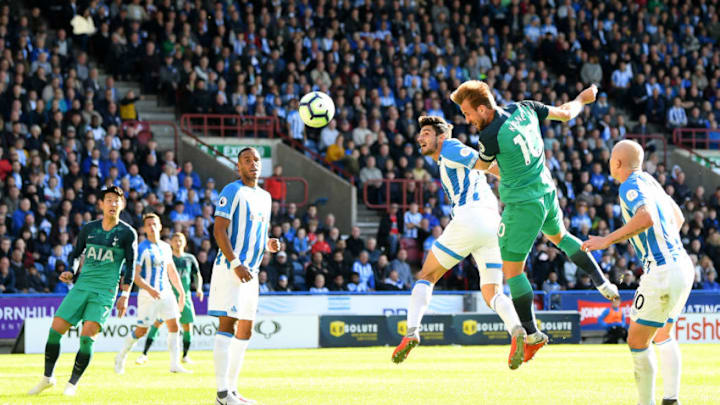 HUDDERSFIELD, ENGLAND - SEPTEMBER 29: Harry Kane of Tottenham Hostspur heads into score the opening goal during the Premier League match between Huddersfield Town and Tottenham Hotspur at John Smith's Stadium on September 29, 2018 in Huddersfield, United Kingdom. (Photo by Michael Regan/Getty Images)