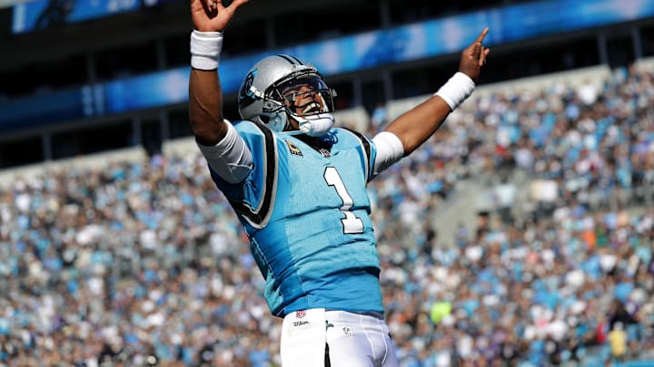 CHARLOTTE, NC – OCTOBER 28: Cam Newton #1 of the Carolina Panthers celebrates a touchdown against the Baltimore Ravens in the fourth quarter during their game at Bank of America Stadium on October 28, 2018 in Charlotte, North Carolina. (Photo by Streeter Lecka/Getty Images)