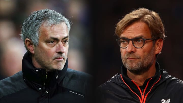 FILE PHOTO (EDITORS NOTE: GRADIENT ADDED - COMPOSITE OF TWO IMAGES - Image numbers (L) 630799888 and 619016290) In this composite image a comparision has been made between Jose Mourinho, Manager of Manchester United and Jurgen Klopp, Manager of Liverpool. Manchester United and Liverpool meet in a Premier League match on October 14,2017 at Anfield in Liverpool. ***LEFT IMAGE*** STRATFORD, ENGLAND - JANUARY 02: Jose Mourinho, Manager of Manchester United looks on during the Premier League match between West Ham United and Manchester United at London Stadium on January 2, 2017 in Stratford, England. (Photo by Ian Walton/Getty Images) ***RIGHT IMAGE*** LONDON, ENGLAND - OCTOBER 29: Jurgen Klopp, Manager of Liverpool looks on during the Premier League match between Crystal Palace and Liverpool at Selhurst Park on October 29, 2016 in London, England. (Photo by Ian Walton/Getty Images)