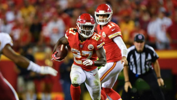KANSAS CITY, MO - OCTOBER 2: Running back Kareem Hunt #27 of the Kansas City Chiefs rushes the ball against the Washington Redskins during the third quarter of the game against the Washington Redskins at Arrowhead Stadium on October 2, 2017 in Kansas City, Missouri. (Photo by Peter Aiken/Getty Images)