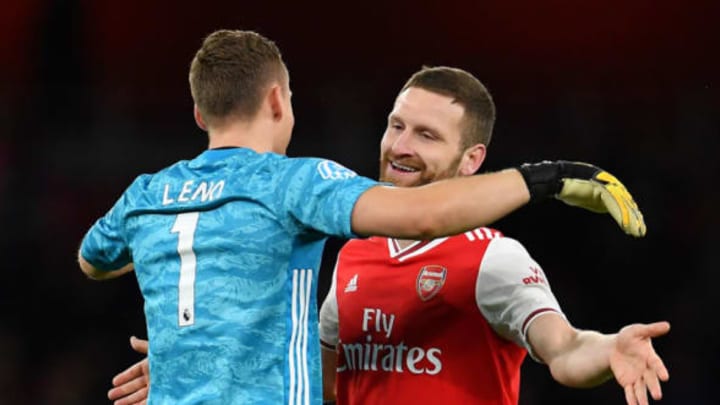 LONDON, ENGLAND – FEBRUARY 16: Bernd Leno of Arsenal and Shkodran Mustafi of Arsenal embrace after the Premier League match between Arsenal FC and Newcastle United at Emirates Stadium on February 16, 2020 in London, United Kingdom. (Photo by Justin Setterfield/Getty Images)