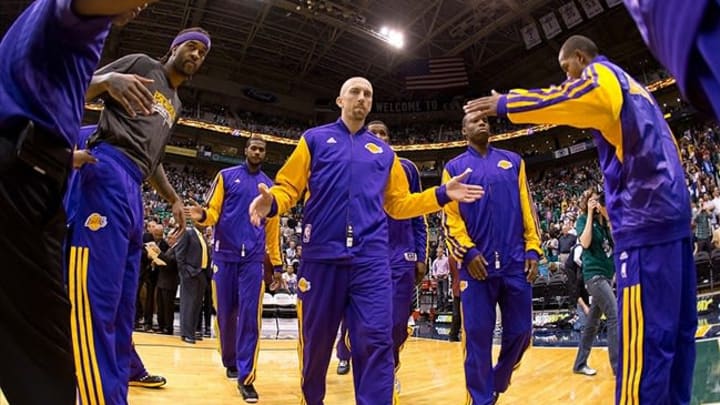 November 7, 2012; Salt Lake City, UT, USA; Los Angeles Lakers point guard Steve Blake (5) is introduced prior to a game against the Utah Jazz at EnergySolutions Arena. Mandatory Credit: Russ Isabella-USA TODAY Sports