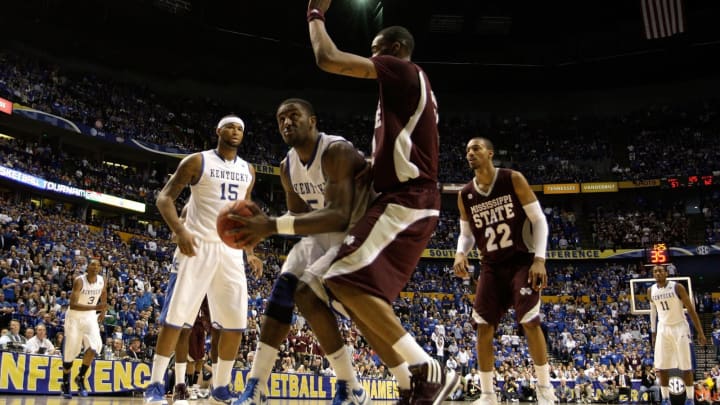 NASHVILLE, TN – MARCH 14: Patrick Patterson #54 of the Kentucky Wildcats looks to go up with the ball under the basket against the Mississippi State Bulldogs during the final of the SEC Men’s Basketball Tournament at the Bridgestone Arena on March 14, 2010 in Nashville, Tennessee. (Photo by Andy Lyons/Getty Images)