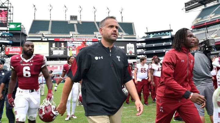Sep 24, 2016; Philadelphia, PA, USA; Temple Owls head coach Matt Rhule after a game against the Charlotte 49ers at Lincoln Financial Field. Temple won 48-20. Mandatory Credit: Derik Hamilton-USA TODAY Sports