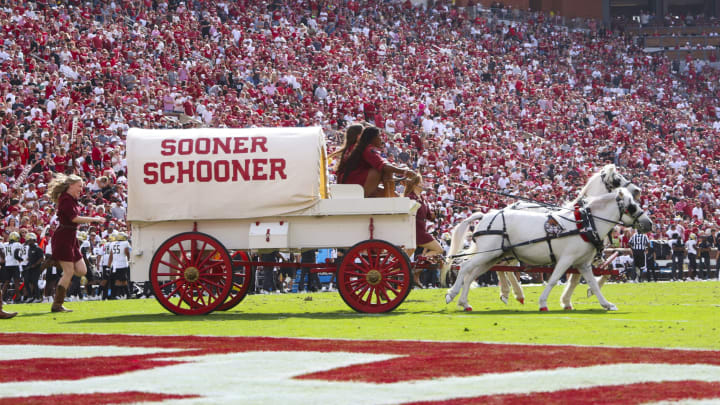 Oct 21, 2023; Norman, Oklahoma, USA; Oklahoma Sooners sooner schooner runs onto the field during the game against the UCF Knights at Gaylord Family-Oklahoma Memorial Stadium. Mandatory Credit: Kevin Jairaj-USA TODAY Sports