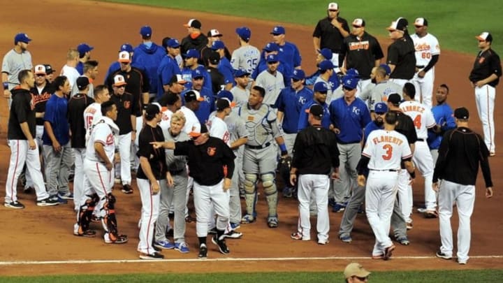 Jun 7, 2016; Baltimore, MD, USA; Players and coaches gather on the field during a brawl between the Kansas City Royals and Baltimore Orioles at Oriole Park at Camden Yards. Mandatory Credit: Evan Habeeb-USA TODAY Sports