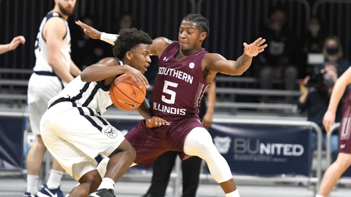 Lance Jones #5 of the Southern Illinois Salukis guards Chuck Harris #3 of the Butler Bulldogs. Jones leads the Valley in steals. (Photo by Mitchell Layton/Getty Images)