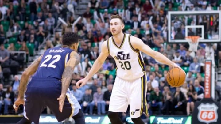 Nov 7, 2015; Salt Lake City, UT, USA; Utah Jazz forward Gordon Hayward (20) dribbles the ball as Memphis Grizzlies forward Matt Barnes (22) defends during the second half at Vivint Smart Home Arena. The Jazz won 89-79. Mandatory Credit: Russ Isabella-USA TODAY Sports