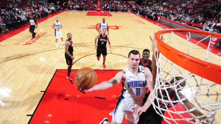 HOUSTON, TX - JANUARY 30: Mario Hezonja #8 of the Orlando Magic goes for a lay up against the Houston Rockets on January 30, 2018 at the Toyota Center in Houston, Texas. NOTE TO USER: User expressly acknowledges and agrees that, by downloading and or using this photograph, User is consenting to the terms and conditions of the Getty Images License Agreement. Mandatory Copyright Notice: Copyright 2018 NBAE (Photo by Bill Baptist/NBAE via Getty Images)