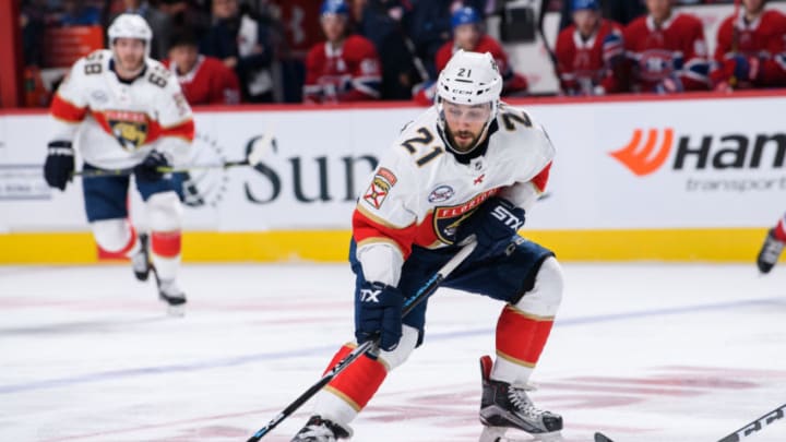 MONTREAL, QC - SEPTEMBER 19: Florida Panthers center Vincent Trocheck (21) controls the puck during the third period of the NHL preseason game between the New Florida Panthers and the Montreal Canadiens on September 19, 2018, at the Bell Centre in Montreal, QC (Photo by Vincent Ethier/Icon Sportswire via Getty Images)