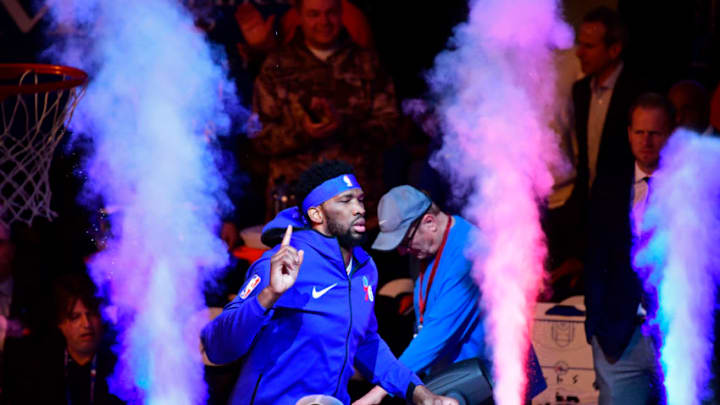 PHILADELPHIA, PA - MARCH 28: Joel Embiid #21 of the Philadelphia 76ers is introduced before the game at the Wells Fargo Center on March 28, 2019 in Philadelphia, Pennsylvania. The 76ers defeated the Nets 123-110. NOTE TO USER: User expressly acknowledges and agrees that, by downloading and or using this photograph, User is consenting to the terms and conditions of the Getty Images License Agreement. (Photo by Corey Perrine/Getty Images)