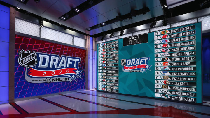 A general view of the draft board following the first round of the 2020 National Hockey League (NHL) Draft at the NHL Network Studio on October 06, 2020 in Secaucus, New Jersey. (Photo by Mike Stobe/Getty Images)