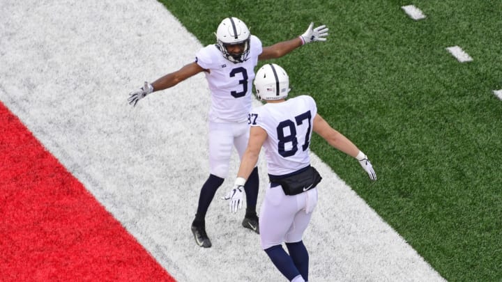 PISCATAWAY, NJ – NOVEMBER 17: DeAndre Thompkins #3 of the Penn State Nittany Lions celebrates a touchdown scored by Pat Freiermuth #87 during the fourth quarter at HighPoint.com Stadium on November 17, 2018 in Piscataway, New Jersey. Penn State won 20-7. (Photo by Corey Perrine/Getty Images)