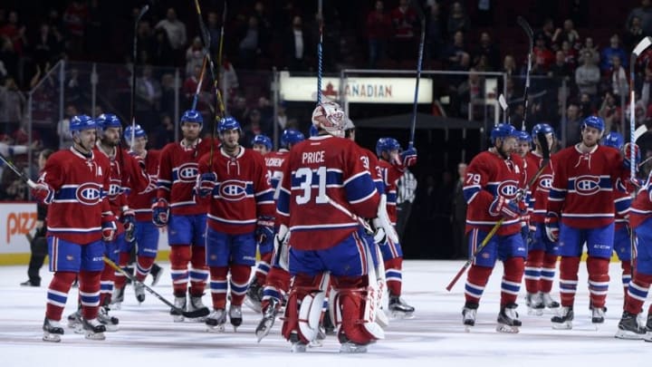 Oct 20, 2016; Montreal, Quebec, CAN; Montreal Canadiens goalie Carey Price (31) reacts with teammates after defeating the Arizona Coyotes at the Bell Centre. Mandatory Credit: Eric Bolte-USA TODAY Sports