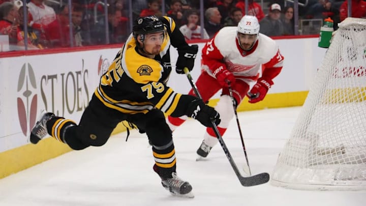 DETROIT, MICHIGAN - NOVEMBER 21: Connor Clifton #75 of the Boston Bruins skates against the Detroit Red Wings at Little Caesars Arena on November 21, 2018 in Detroit, Michigan. Detroit won the game 3-2 in overtime. (Photo by Gregory Shamus/Getty Images)