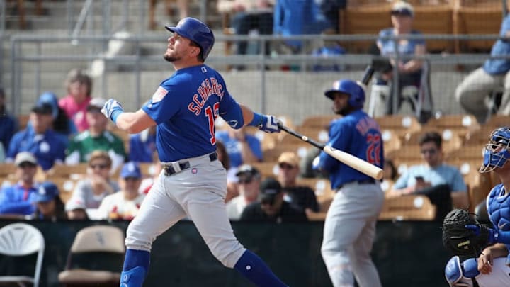 GLENDALE, ARIZONA - FEBRUARY 25: Kyle Schwarber #12 of the Chicago Cubs bats against Los Angeles Dodgers during the first inning of the MLB spring training game at Camelback Ranch on February 25, 2019 in Glendale, Arizona. (Photo by Christian Petersen/Getty Images)