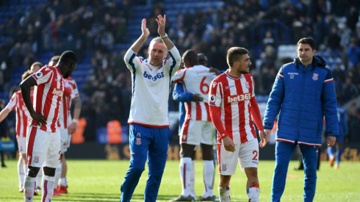 LEICESTER, ENGLAND – FEBRUARY 24: Paul Lambert, Manager of Stoke City applauds fans after the Premier League match between Leicester City and Stoke City at The King Power Stadium on February 24, 2018 in Leicester, England. (Photo by Ross Kinnaird/Getty Images)