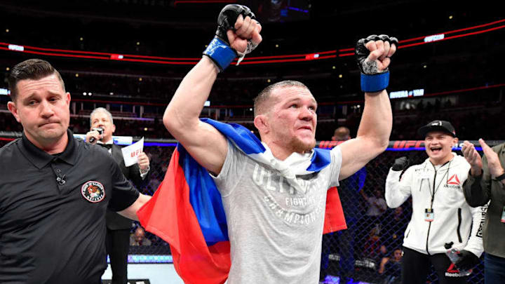 CHICAGO, IL - JUNE 08: Petr Yan of Russia celebrates his victory over Jimmie Rivera in their bantamweight bout during the UFC 238 event at the United Center on June 8, 2019 in Chicago, Illinois. (Photo by Jeff Bottari/Zuffa LLC/Zuffa LLC via Getty Images)