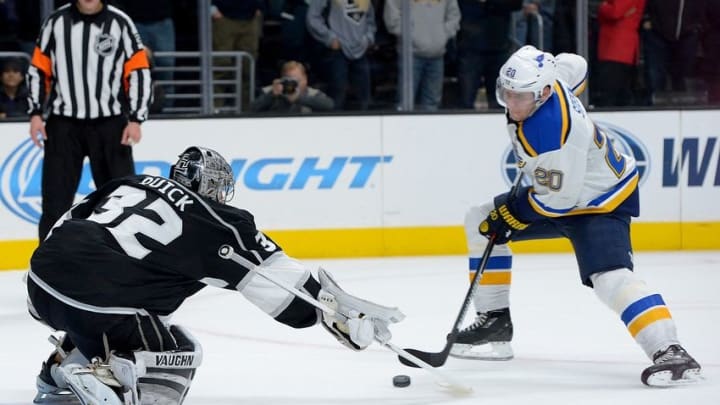 Jan 9, 2016; Los Angeles, CA, USA; Los Angeles Kings goalie Jonathan Quick (32) blocks a shot by St. Louis Blues left wing Alexander Steen (20) during the shootout at Staples Center. The Blues won 2-1 in a shootout. Mandatory Credit: Jayne Kamin-Oncea-USA TODAY Sports