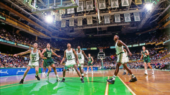 BOSTON, MA - 1991: The Boston Celtics look to rebound against the Milwaukee Bucks at Boston Garden in Boston, Massachusetts circa 1991. NOTE TO USER: User expressly acknowledges and agrees that, by downloading and or using this photograph, User is consenting to the terms and conditions of the Getty Images License Agreement. Mandatory Copyright Notice: Copyright 1991 NBAE (Photo by Andrew D. Bernstein/NBAE via Getty Images)