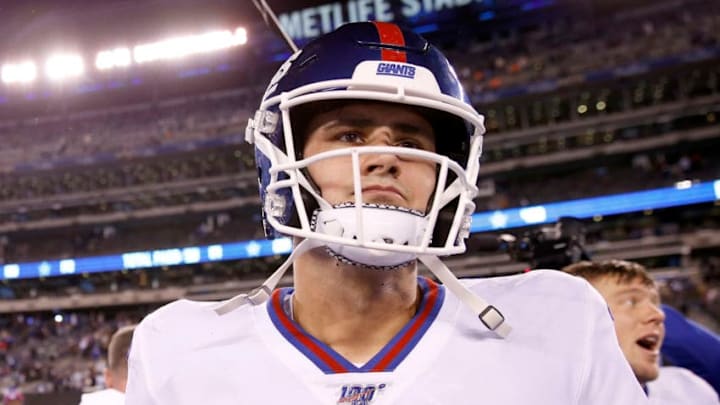 EAST RUTHERFORD, NEW JERSEY - NOVEMBER 04: Daniel Jones #8 of the New York Giants walks on the field after the loss to the Dallas Cowboys at MetLife Stadium on November 04, 2019 in East Rutherford, New Jersey.The Dallas Cowboys defeated the New York Giants 37-18. (Photo by Elsa/Getty Images)