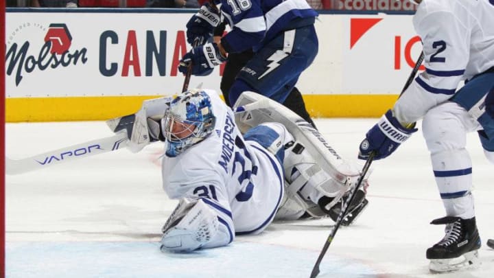 Frederik Andersen #31 of the Toronto Maple Leafs scrambles to look for a rebound against the Tampa Bay Lightning during an NHL game at Scotiabank Arena. (Photo by Claus Andersen/Getty Images)