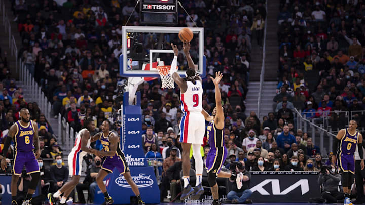 Nov 21, 2021; Detroit, Michigan, USA; Detroit Pistons forward Jerami Grant (9) takes a shot over Los Angeles Lakers guard Talen Horton-Tucker (5) during the second quarter at Little Caesars Arena. Mandatory Credit: Raj Mehta-USA TODAY Sports Nov 21, 2021; Detroit, Michigan, USA; Detroit Pistons forward Jerami Grant (9) takes a shot over Los Angeles Lakers guard Talen Horton-Tucker (5) during the second quarter at Little Caesars Arena. Mandatory Credit: Raj Mehta-USA TODAY Sports