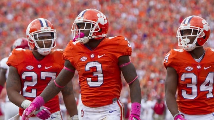 Oct 15, 2016; Clemson, SC, USA; Clemson Tigers wide receiver Artavis Scott (3) reacts after scoring a touchdown in overtime against the North Carolina State Wolfpack at Clemson Memorial Stadium. Tigers won 24-17. Mandatory Credit: Joshua S. Kelly-USA TODAY Sports