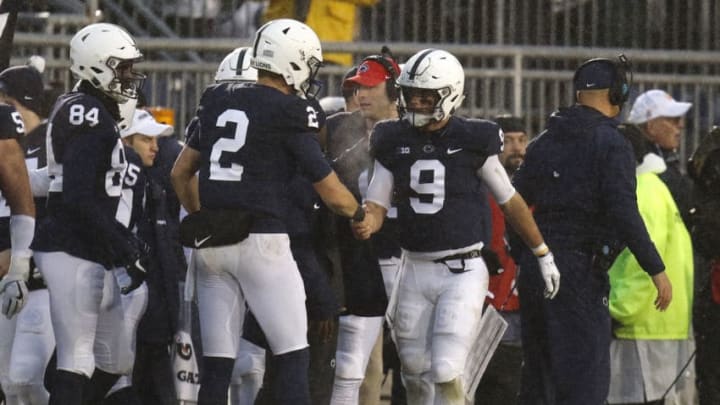 STATE COLLEGE, PA - OCTOBER 27: Trace McSorley #9 of the Penn State Nittany Lions celebrates after rushing for a 51 yard touchdown in the second half against the Iowa Hawkeyes on October 27, 2018 at Beaver Stadium in State College, Pennsylvania. (Photo by Justin K. Aller/Getty Images)