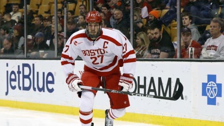 BOSTON, MA - MARCH 17: Boston University Terriers defenseman Doyle Somerby (27) skates after the puck during a Hockey East semifinal between the Boston University Terriers and the Boston College Eagles on March 17, 2017 at TD Garden in Boston, Massachusetts. The Eagles defeated the Terriers 3-2. (Photo by Fred Kfoury III/Icon Sportswire via Getty Images)