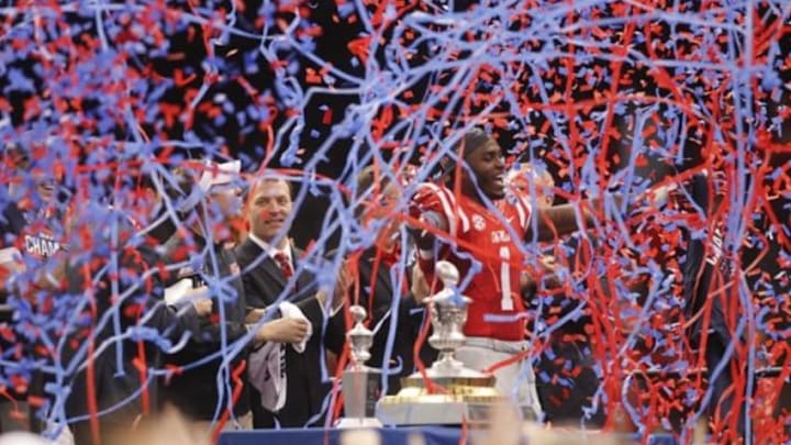 Jan 1, 2016; New Orleans, LA, USA; Mississippi Rebels wide receiver Laquon Treadwell (1) celebrates after the Rebels defeated Oklahoma State Cowboys 48-20 in the 2016 Sugar Bowl at the Mercedes-Benz Superdome. Mandatory Credit: Crystal LoGiudice-USA TODAY Sports