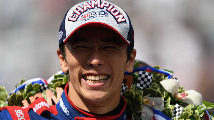 INDIANAPOLIS, IN - MAY 28: Takuma Sato of Japan, driver of the #26 Andretti Autosport Honda, celebrates after winning the 101st Indianapolis 500 at Indianapolis Motorspeedway on May 28, 2017 in Indianapolis, Indiana. (Photo by Jared C. Tilton/Getty Images)