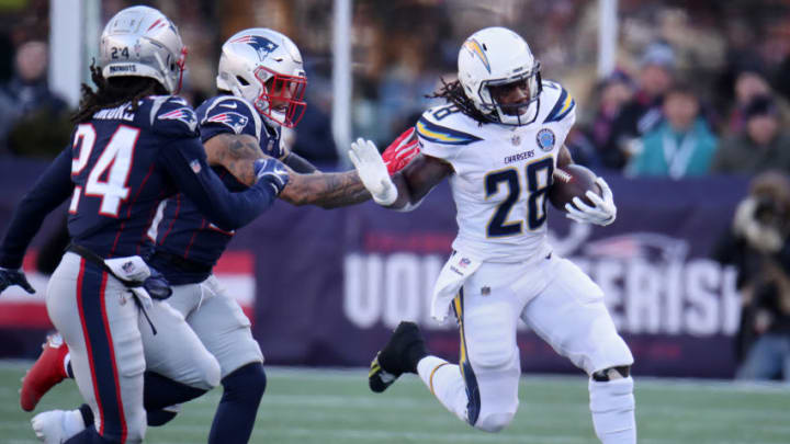 FOXBOROUGH, MA - JANUARY 13: Los Angeles Chargers running back Melvin Gordon III runs during the second quarter. The New England Patriots host the Los Angeles Chargers in an NFL AFC Divisional Playoff game at Gillette Stadium in Foxborough, MA on Jan. 13, 2019. (Photo by Stan Grossfeld/The Boston Globe via Getty Images)