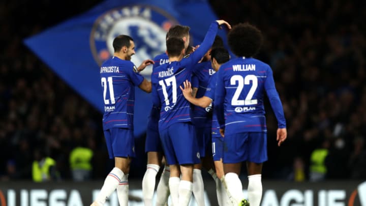 LONDON, ENGLAND - OCTOBER 25: Ruben Loftus-Cheek of Chelsea celebrates with team mates after scoring his hat-trick goal during the UEFA Europa League Group L match between Chelsea and FC BATE Borisov at Stamford Bridge on October 25, 2018 in London, United Kingdom. (Photo by Bryn Lennon/Getty Images)