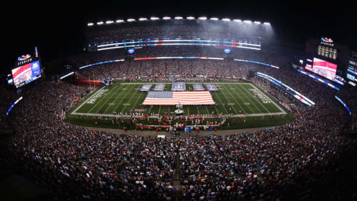 FOXBORO, MA - SEPTEMBER 07: A general view as New England Patriots Super Bowl Championship banners and an American flag are displayed on the field during the national anthem prior to the game between the Kansas City Chiefs and the New England Patriots at Gillette Stadium on September 7, 2017 in Foxboro, Massachusetts. (Photo by Adam Glanzman/Getty Images)