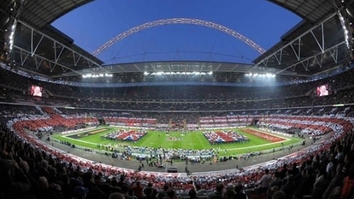 Oct 23, 2011; London, ENGLAND; A general view of the stadium during the performing of the British national anthem prior to the start of the game between the Tampa Bay Buccaneers and the Chicago Bears in the NFL International Series game at Wembley Stadium. Mandatory Credit: Kirby Lee/Image of Sport-US PRESSWIRE
