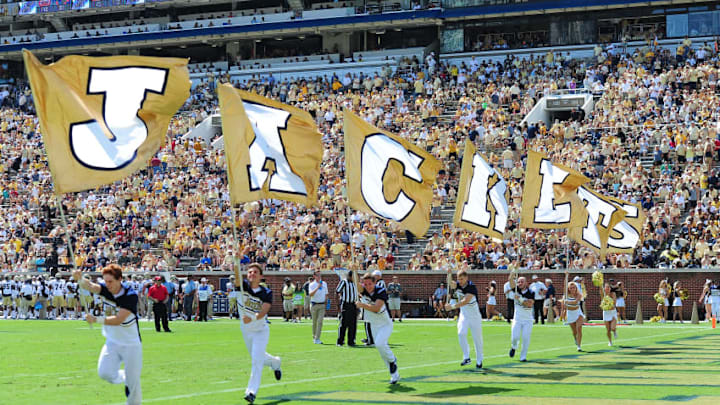 ATLANTA, GA - SEPTEMBER 9: Members of the Georgia Tech Yellow Jackets Cheerleaders perform during the game against Jacksonville State Gamecocks on September 9, 2017 in Atlanta, Georgia. Photo by Scott Cunningham/Getty Images)